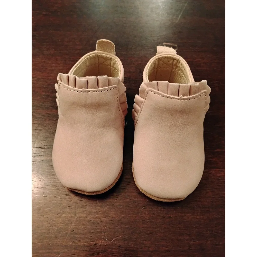 Little Love Bug Pink Leather Ruffle Moccasin Booties Soft Sole Shoes Size 2